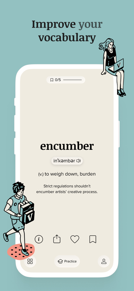 Mobile app interface showing the word encumber with definition and phonetic pronunciation