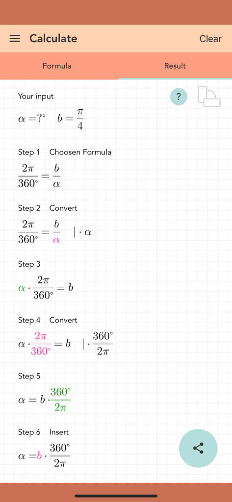 Unit Circle Calculator PRO - A step-by-step math formula derivation showing how to calculate an angle from a radian value in the Unit Circle Calculator PRO app.