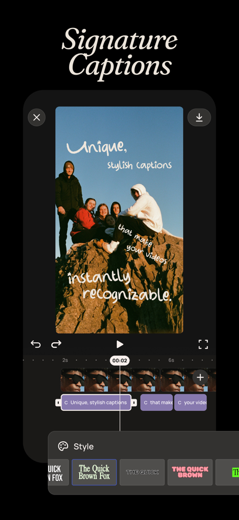 Templify・ Photo & Video Editor - Mobile video editing interface in Templify showing unique signature captions and various designer font styles.