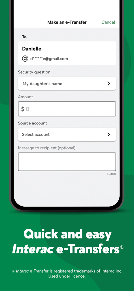 Desjardins mobile services - Screenshot der Interac e-Transfer-Oberfläche in der Desjardins Mobile Services App