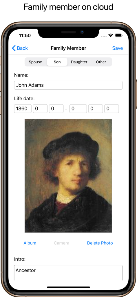 존 애덤스라는 이름의 가족 구성원과 초상화 및 출생 연도가 표시된 가족 트리 앱 프로필 편집기의 스크린샷.