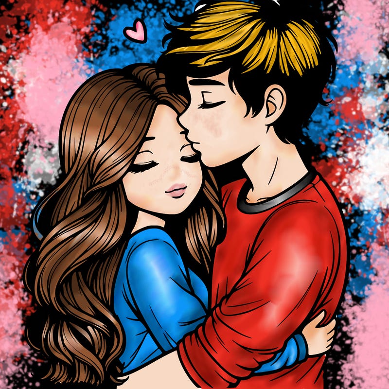 a realistic couple boy and girl hugging and kissing