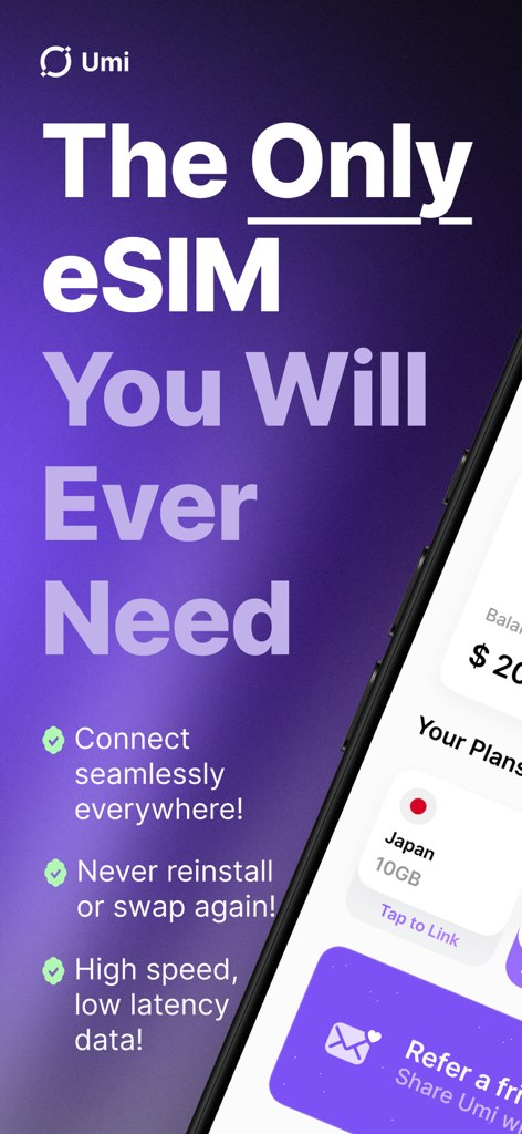 Umi: Universal eSIM & Data - Interface de l'application Umi mettant en avant les fonctionnalités eSIM universelles, y compris l'installation unique et la connectivité mondiale transparente.