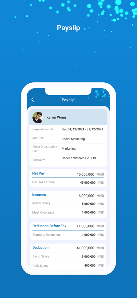 Cadena HRM - Cadena HRM mobile app displaying a digital employee payslip with salary details