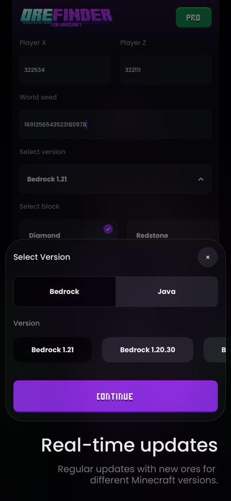 Finder Diamond Ore for MC - Oberfläche der App 'Ore Finder for Minecraft' mit dem Menü zur Auswahl der Versionen für Bedrock und Java Editionen.
