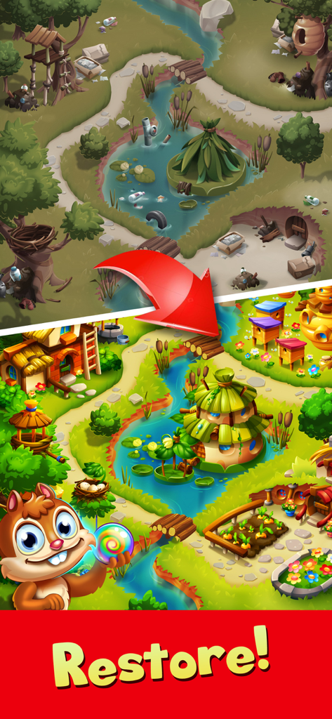 Forest Rescue: Bubble POP - Un confronto prima e dopo che mostra un'area forestale inquinata riportata a un habitat pulito e vibrante con un adorabile personaggio di uno scoiattolo.