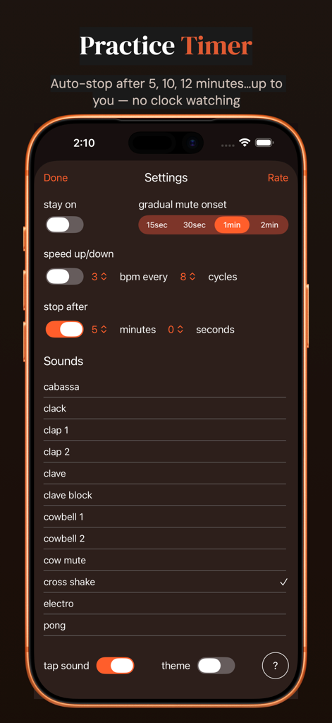 Settings screen of the Time Guru Metronome app featuring practice timer and sound options