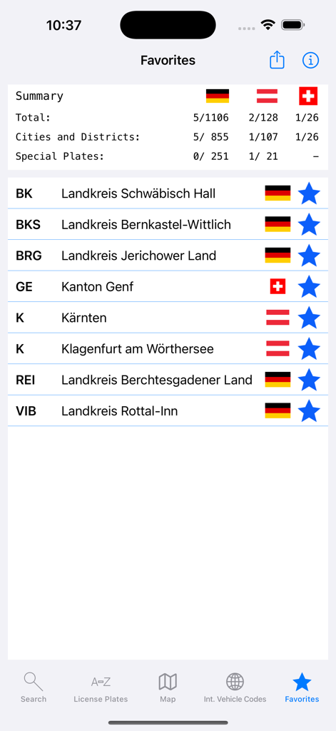 License Plate Finder - Un elenco di codici targa preferiti salvati e le relative regioni europee nell'app Trova Targa.