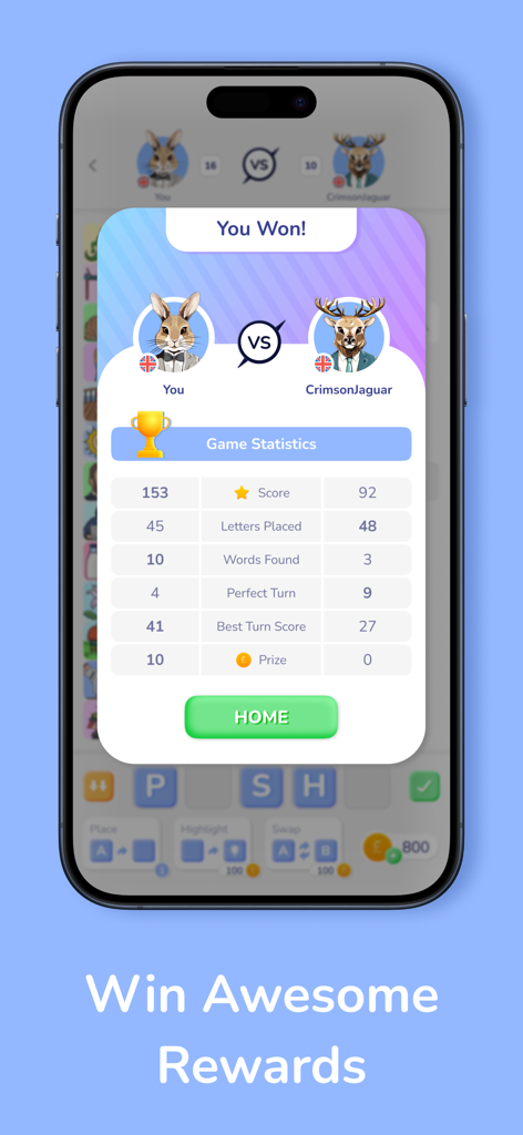 WordPix mobile game win screen displaying match statistics and rewards after defeating an opponent.