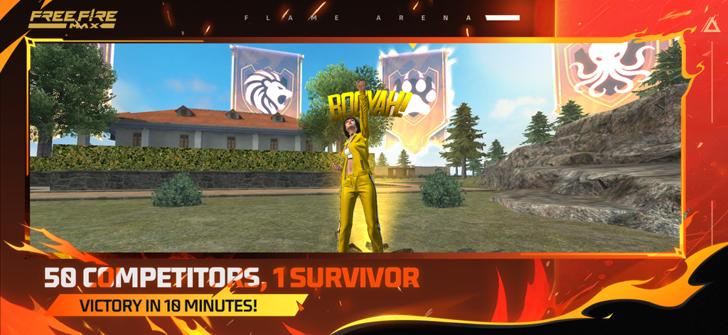 Un personnage en survêtement jaune célèbre une victoire Booyah dans une partie de Battle Royale de 10 minutes de Free Fire MAX.