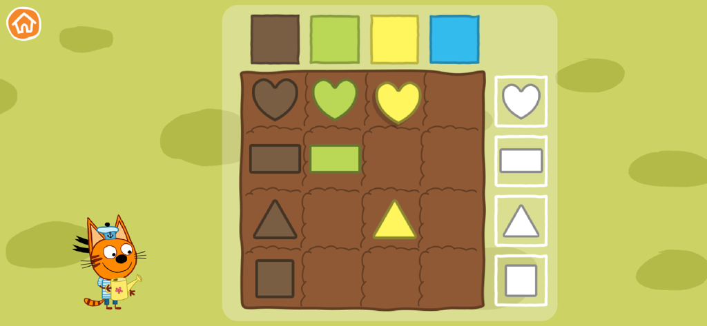 A logic game for kids featuring characters from Kid-E-Cats where they sort shapes by color.