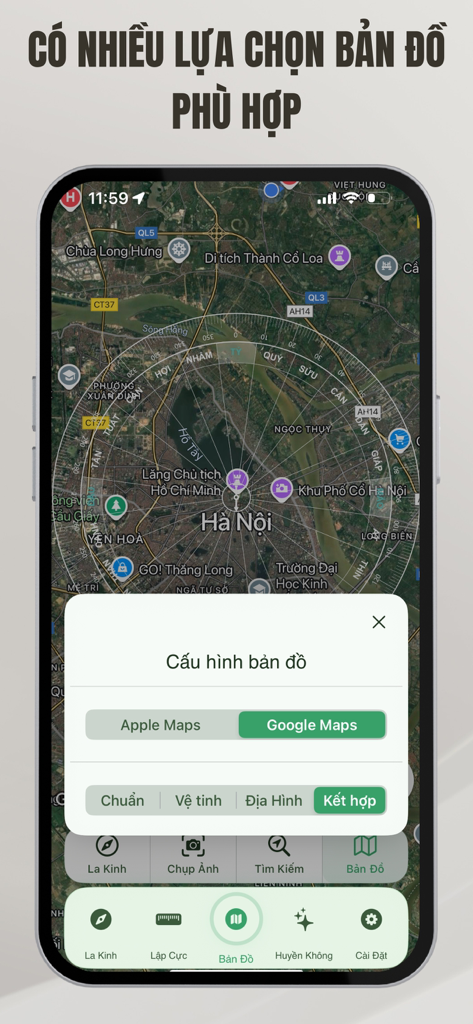 Feng Shui Compass Bach Viet - Feng Shui compass overlay on a satellite map with map provider and style settings