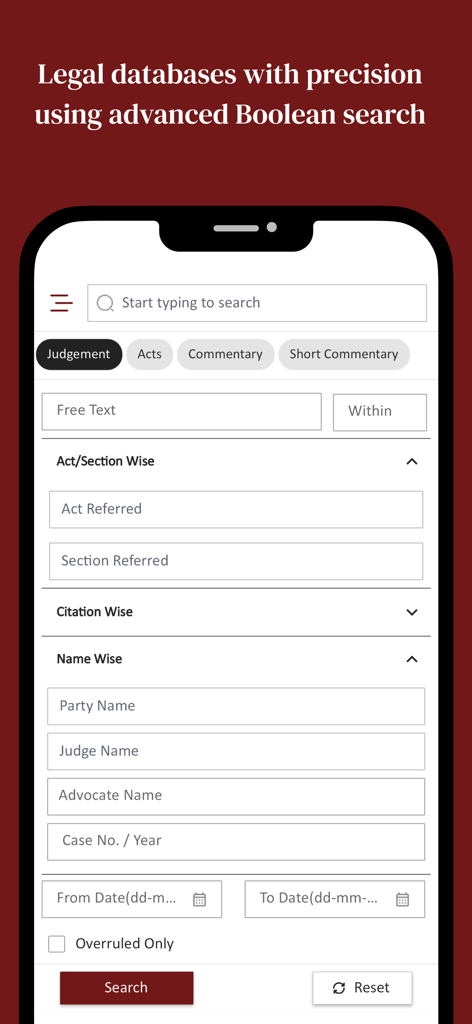 Supreme Today AI - Supreme Today AI app interface for advanced boolean search in legal databases featuring filters for judgements acts and citations