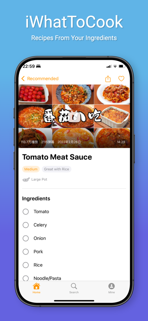 Tela do aplicativo móvel iWhatToCook mostrando uma receita de molho de carne com tomate com uma lista de verificação de ingredientes e miniaturas de tutoriais em vídeo.