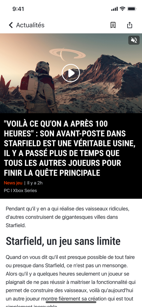 Jeuxvideo.com - PC & Consoles - A gaming news article about Starfield on the Jeuxvideo.com mobile app.