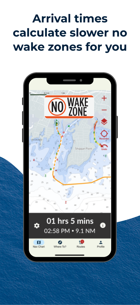 Ditch: Boat Navigation - Ditch boat navigation app interface showing a smart ETA calculation that accounts for no wake zones on a nautical chart