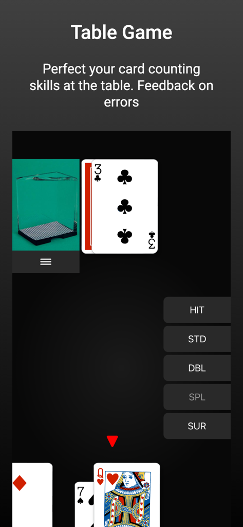 Blackjack Card Counting Pro - Blackjack Card Counting Pro app screenshot showing the Table Game training module with a dealer card and player hand options like hit and stand