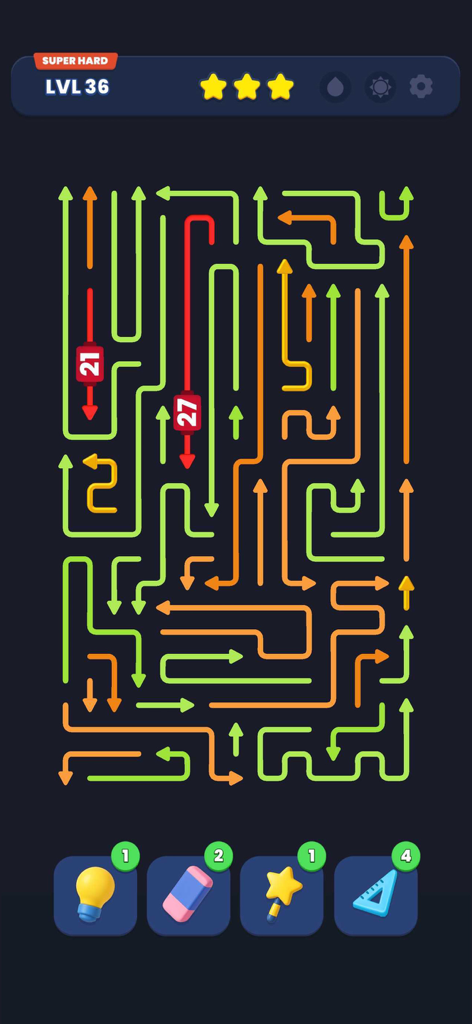 Arrow Out - Interface do jogo de quebra-cabeça de lógica Arrow Out mostrando um nível complexo com setas direcionais coloridas e ícones de reforço na parte inferior