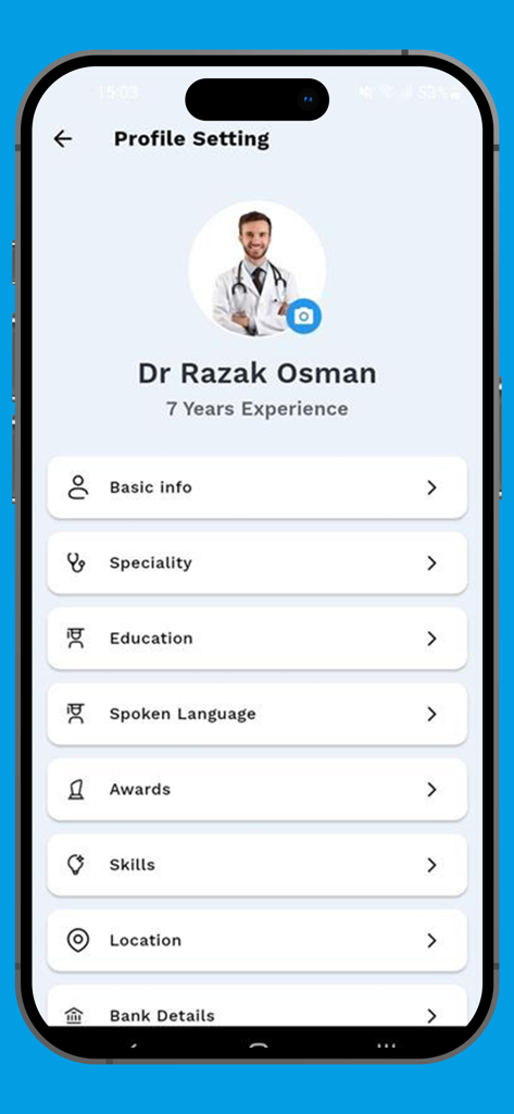 TeleCure - TeleCure app screen showing a doctor profile with experience and professional settings