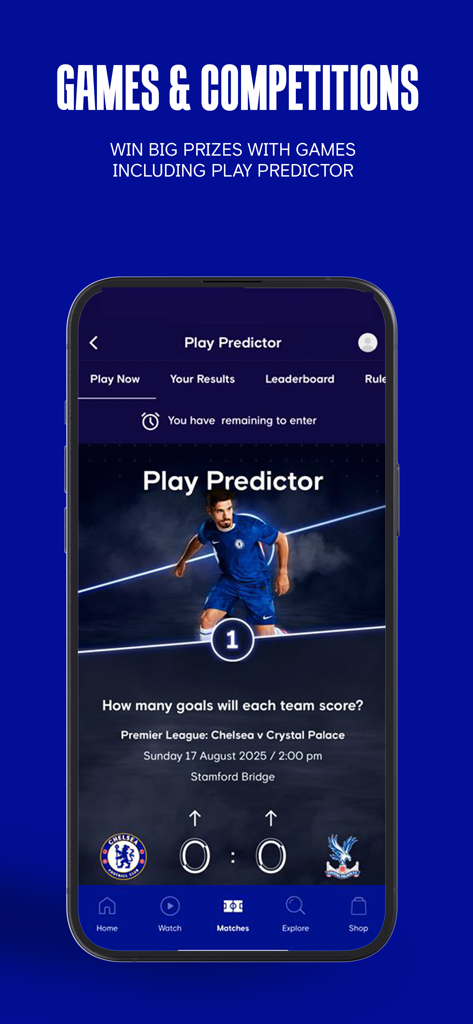 Chelsea Official App - Chelsea Official App Play Predictor game screen for match predictions