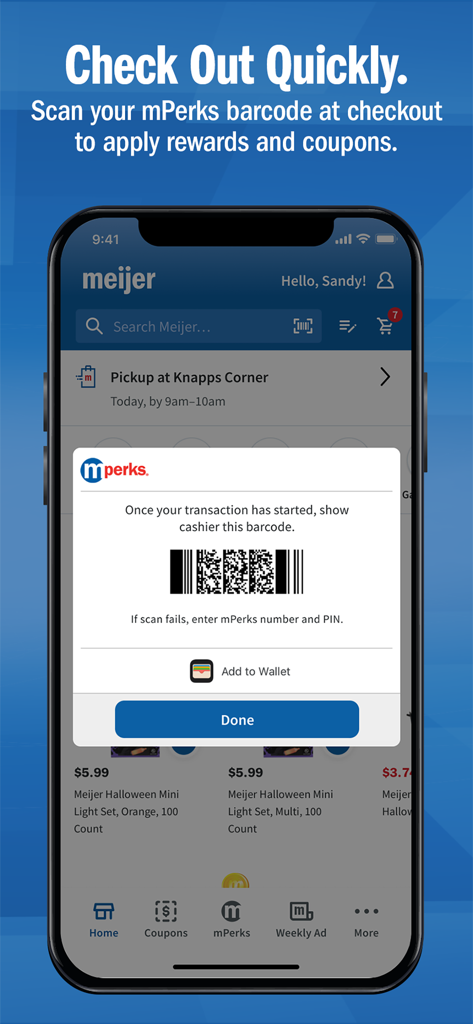 Meijer app screen displaying an mPerks barcode for quick checkout and rewards application