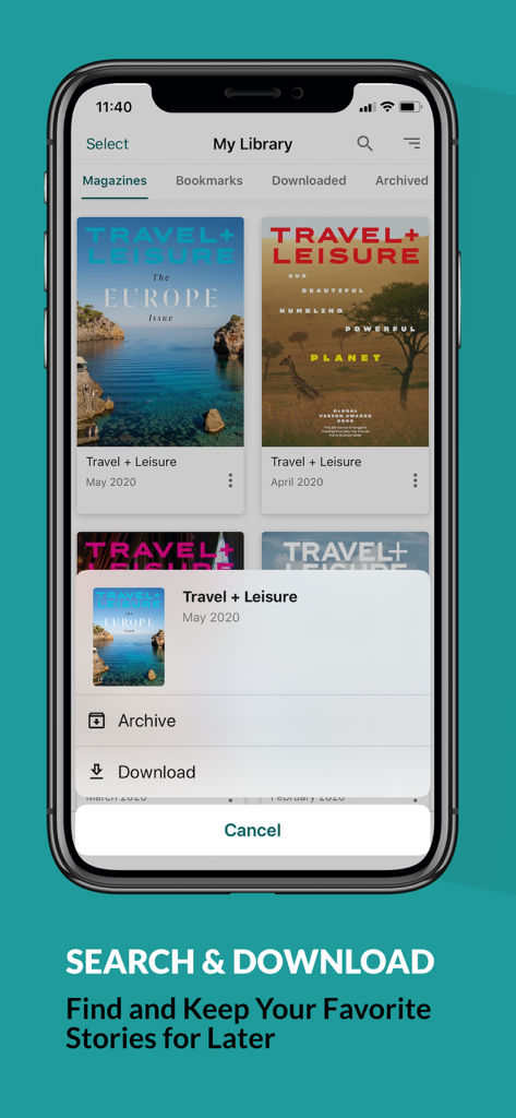 Travel + Leisure - Travel and Leisure app library view showing digital magazine issues and a download menu option