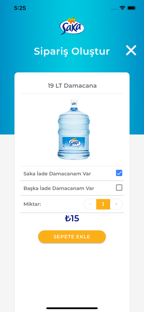 19リットルのガロンボトルを注文するためのSaka Suモバイルアプリ画面。