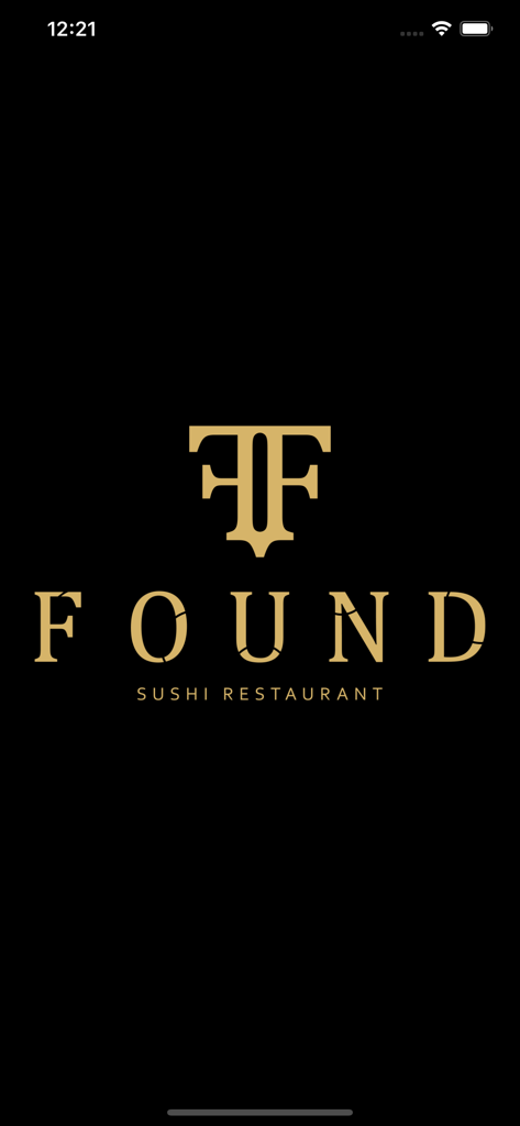 Logo dorato di Found Sushi Restaurant su sfondo nero
