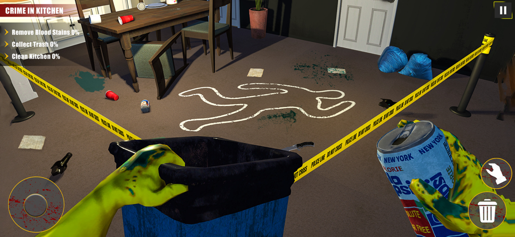 Criminal Scene Cleaner Game - Jugabilidad en primera persona de un simulador de limpieza de escenas del crimen en una cocina con un contorno de cuerpo y tareas de recolección de basura