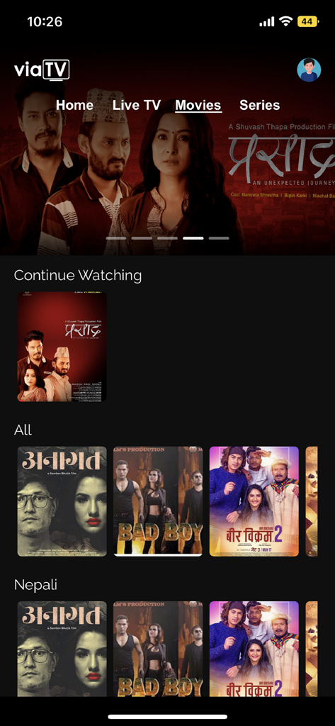 Via TV app interface showcasing Nepali movies and live television categories