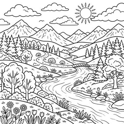 Dive into a vibrant outdoor adventure with this charming landscape coloring page, specially designed for kids. Little artists will love bringing mountains, a winding river, and lush forests to life with their favorite colors.