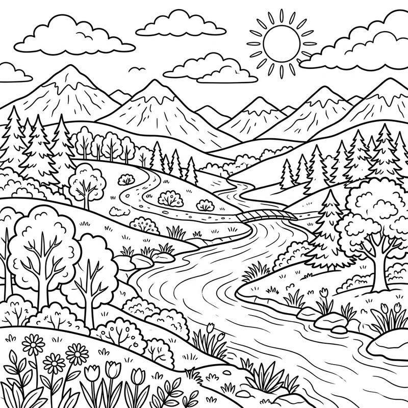 Dive into a vibrant outdoor adventure with this charming landscape coloring page, specially designed for kids. Little artists will love bringing mountains, a winding river, and lush forests to life with their favorite colors.