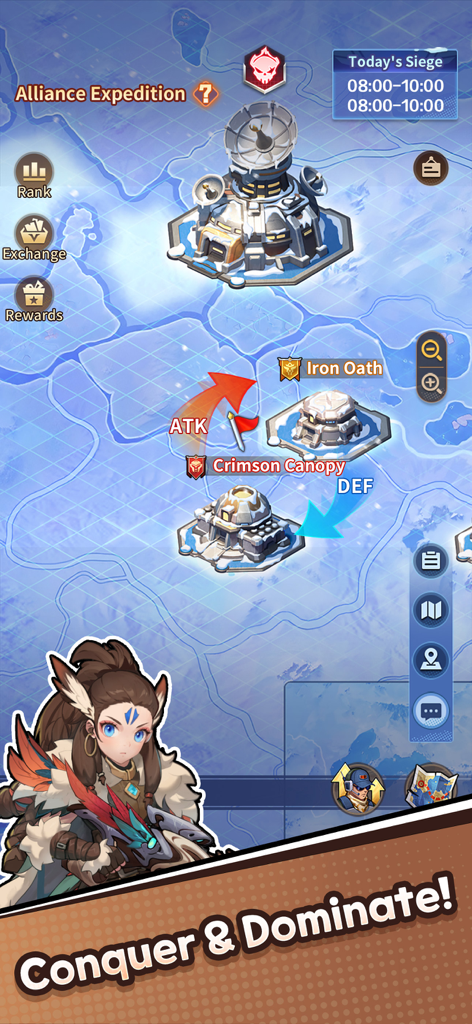 BangBang Survivor - Strategic Alliance Expedition map in BangBang Survivor showing base attacks and conquer slogan.