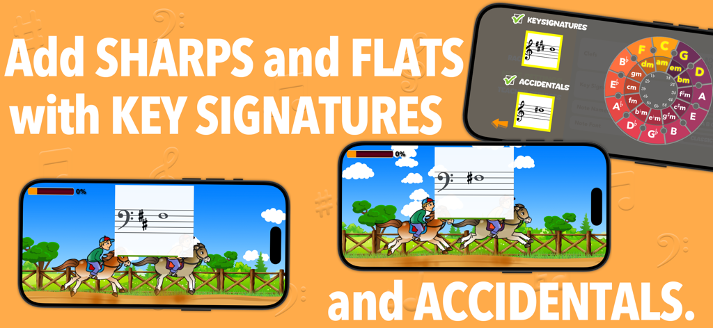 Flashnote Derby - Interface showing settings for musical key signatures and accidentals alongside horse race gameplay screens for note practice