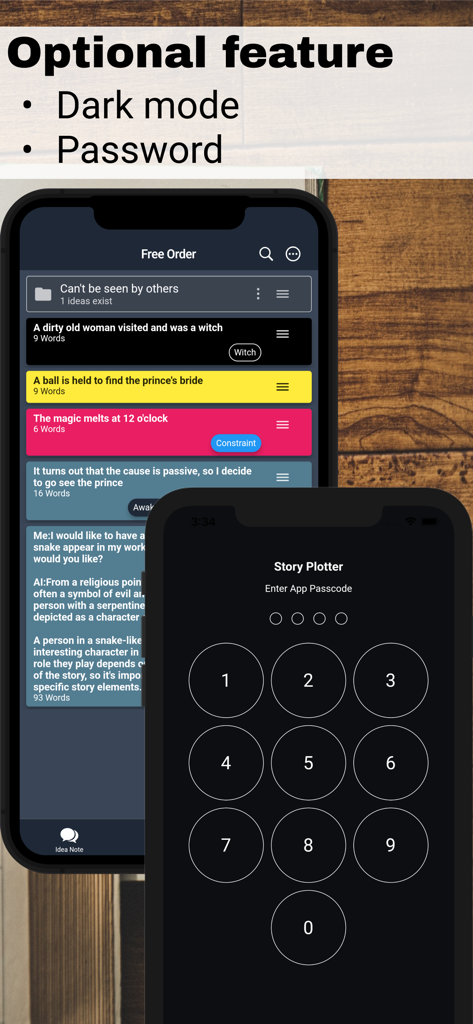 Story Plotter app screens showing dark mode interface and passcode lock screen for privacy