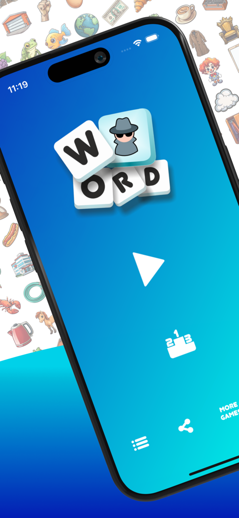 Word Detective - Menú principal de la aplicación Word Detective Icon Crosswords mostrando un botón de juego y el logo del juego sobre un fondo azul.