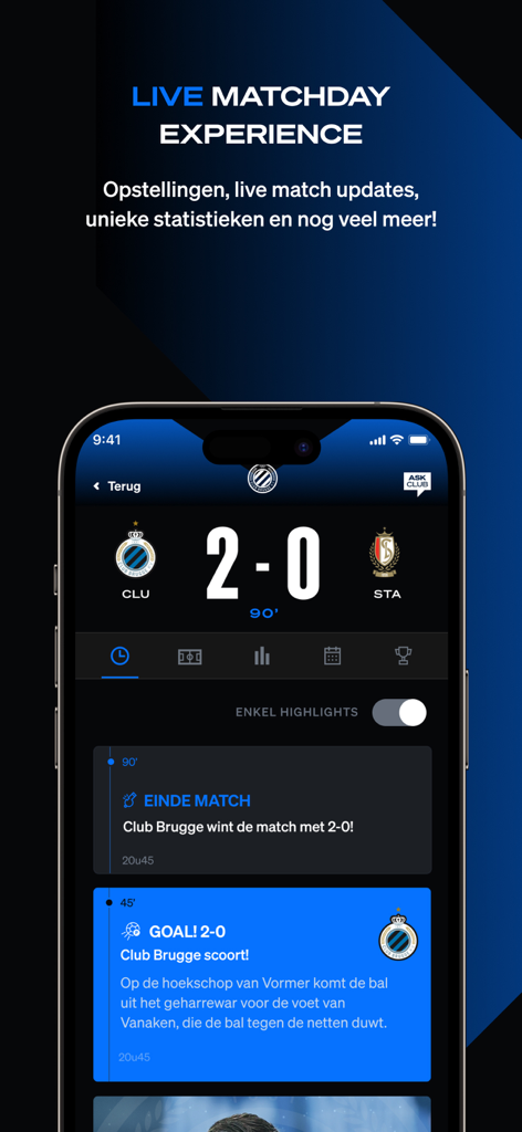 Club Brugge - Interface do aplicativo móvel do Club Brugge mostrando um placar de jogo ao vivo de 2-0 com notificações de fim de jogo e de gol em tempo real.