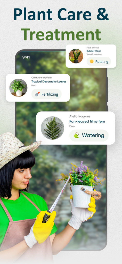 AI Plant Identifier and Care - Interfaz de smartphone que muestra recordatorios de cuidado de plantas para riego y fertilización