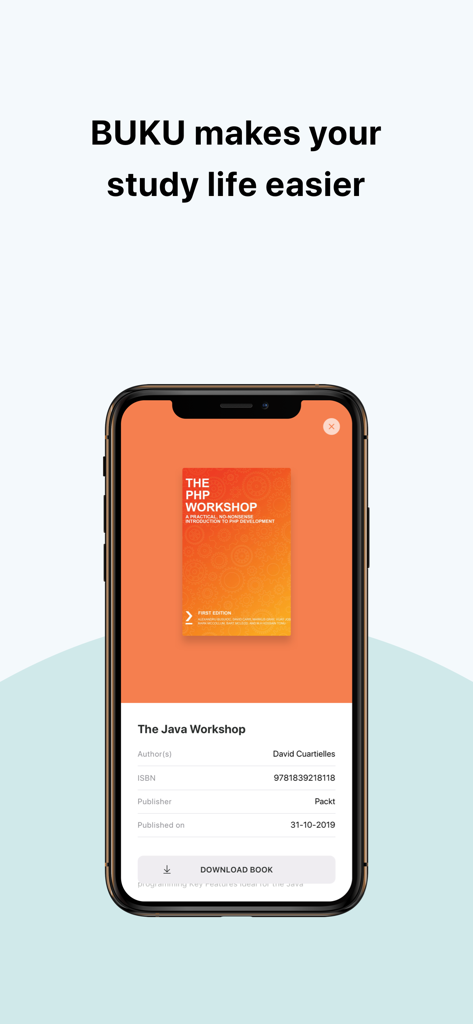 Mobile screen of the BUKU app showing a digital textbook detail page with a download button.