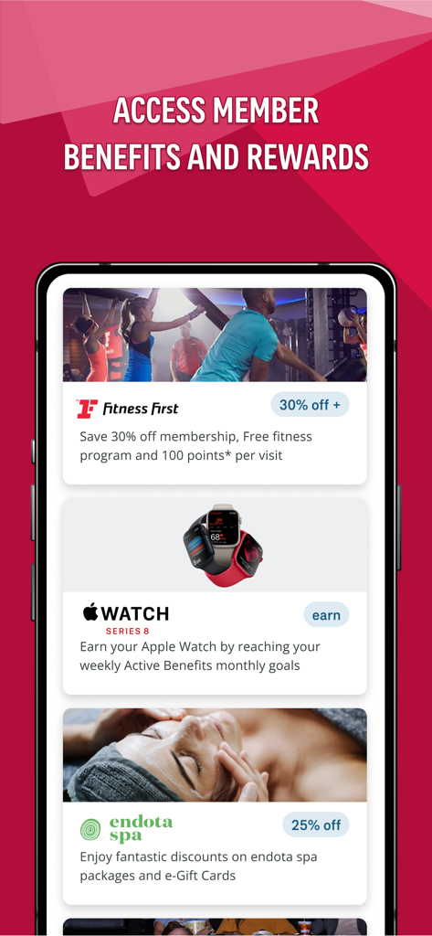 Tela de benefícios e recompensas para membros do aplicativo AIA Vitality Austrália, como descontos em academias e incentivos para o Apple Watch