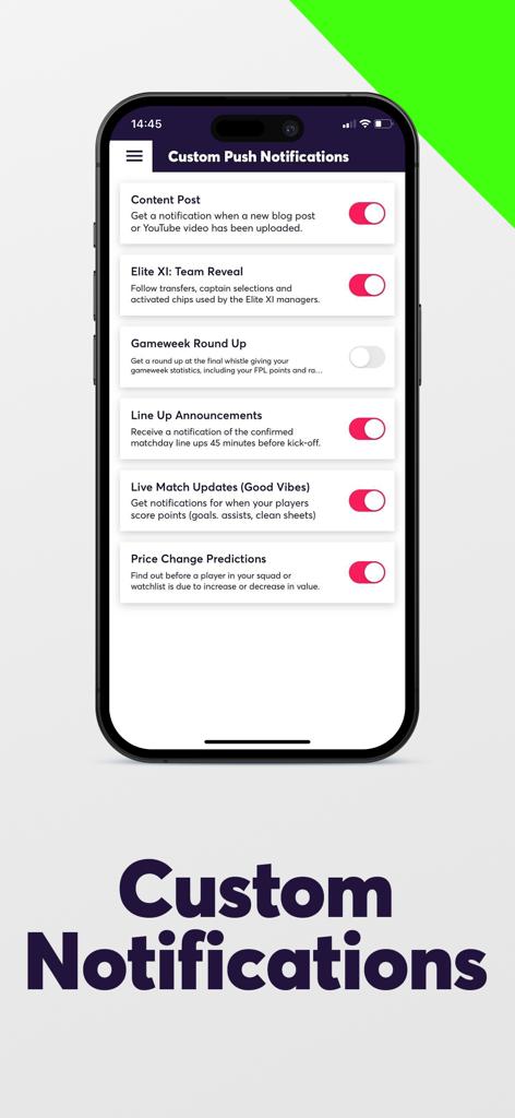 A mobile screen showing custom push notification settings for Fantasy Premier League updates including price changes and team reveals