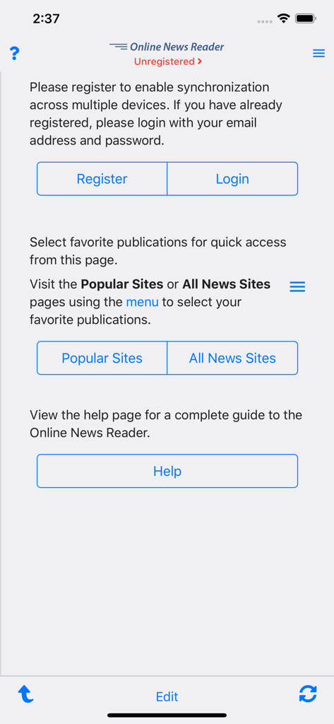 Home screen of the Online News Reader app featuring options for registration, login, and news site selection.