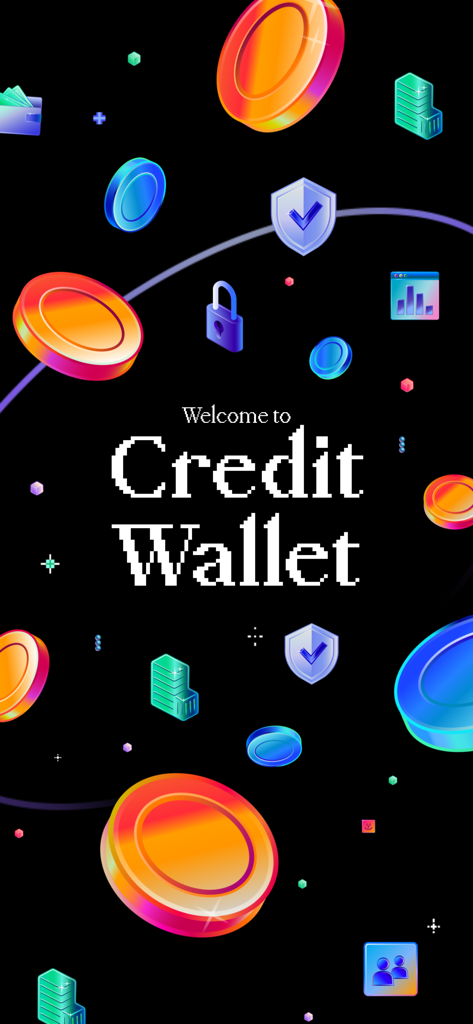 Credit Wallet: Crypto Wallet - Pantalla de bienvenida de la aplicación Credit Wallet con texto pixelado y monedas criptográficas flotantes coloridas e iconos de seguridad.