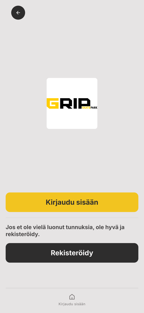 GRIP Skatepark - Login and registration interface for the GRIP Skatepark mobile app featuring yellow and black buttons.