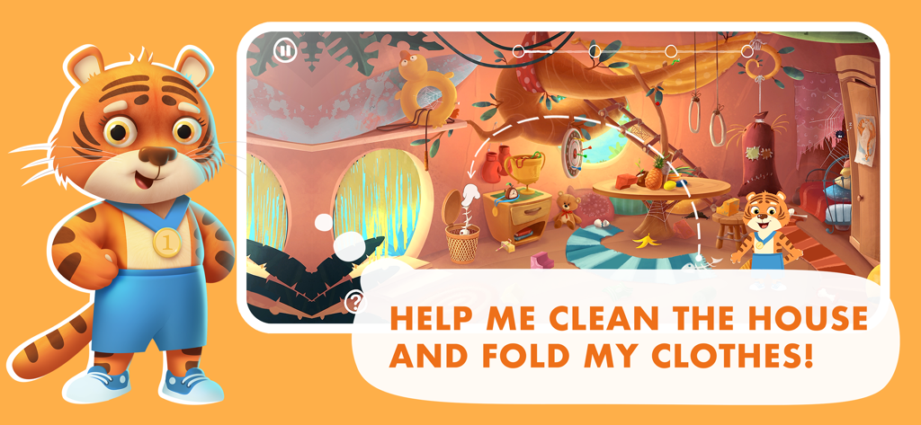 A cartoon tiger character standing next to a screen showing a messy room with the text help me clean the house and fold my clothes