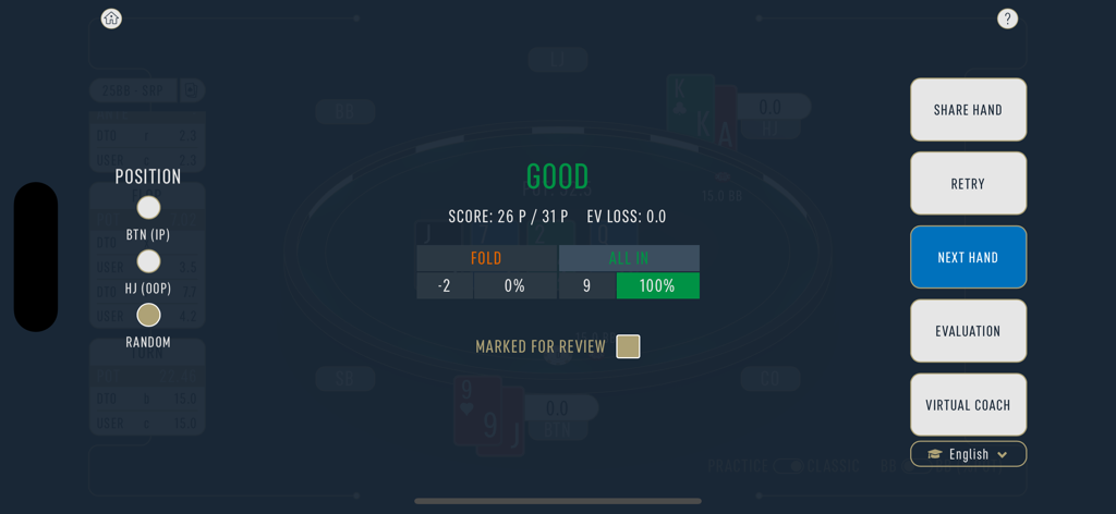DTO MTT - GTO Poker Trainer - Interface der DTO Poker Trainer App, die Echtzeit-GTO-Hand-Feedback und Bewertung anzeigt