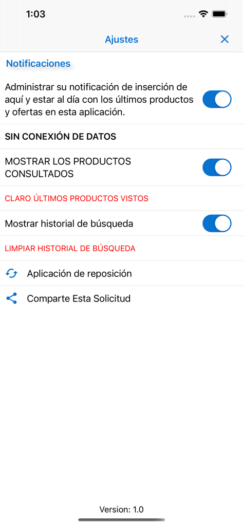 Menú de configuración de usuario de la app Cafe Punta del Cielo con controles de notificaciones e historial de búsqueda.