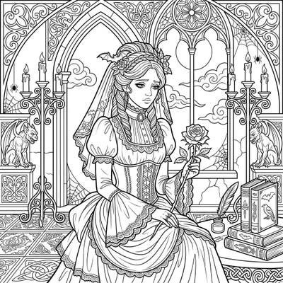 Step into a world of shadowed elegance with this digital art coloring page. Featuring a poignant Gothic Victorian lady, it offers intricate details perfect for teen colorists.