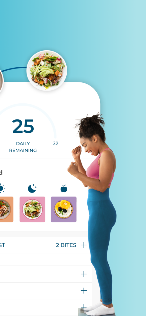 Healthi: Weight Loss, Diet App - Happy woman celebrating weight loss progress with the Healthi app BITES tracking dashboard