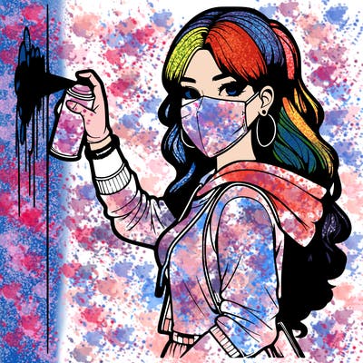 realistic girl with mask spray painting a wall